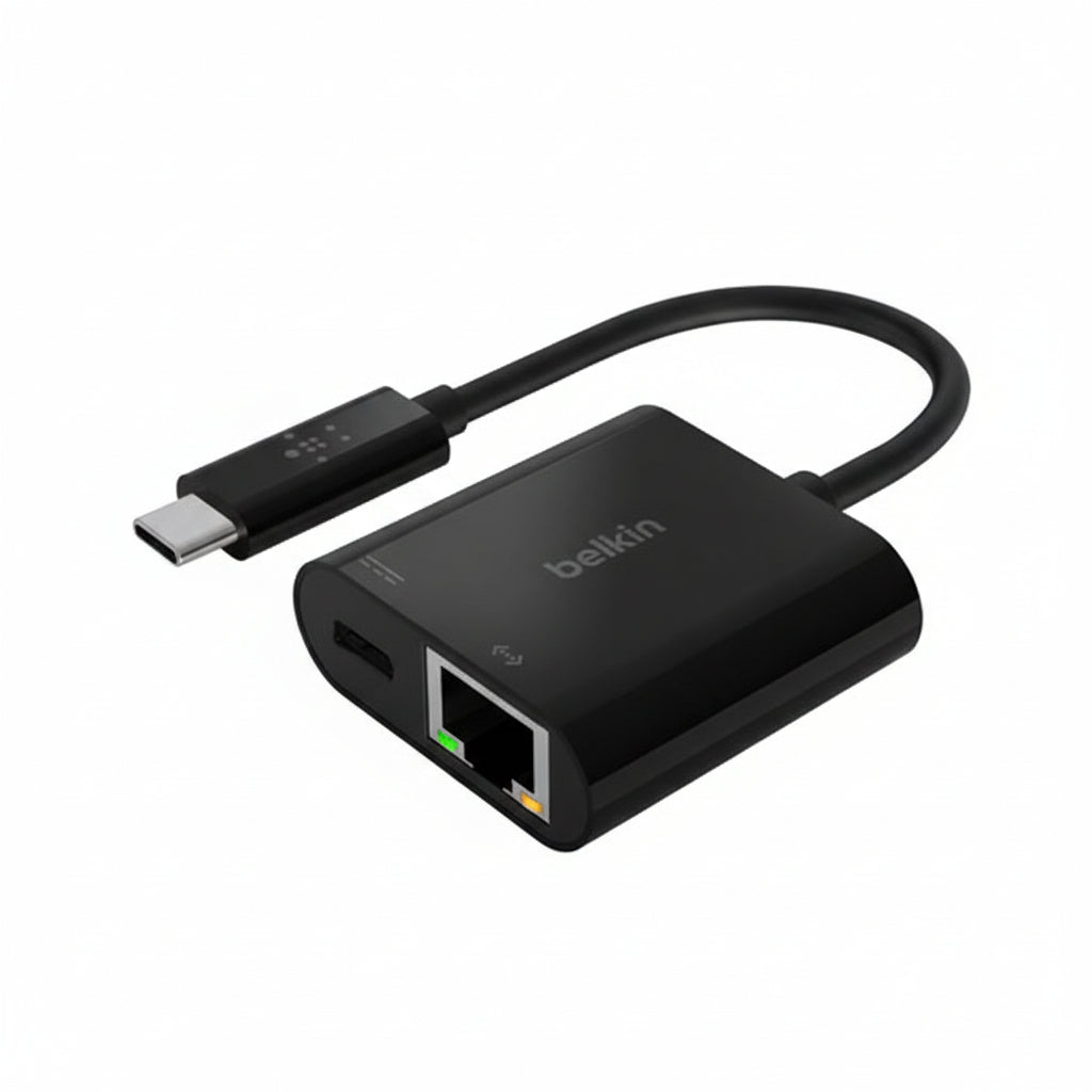 A black Belkin USB-C to Ethernet data adapter with a USB-C connector on one end and an Ethernet port on the other.