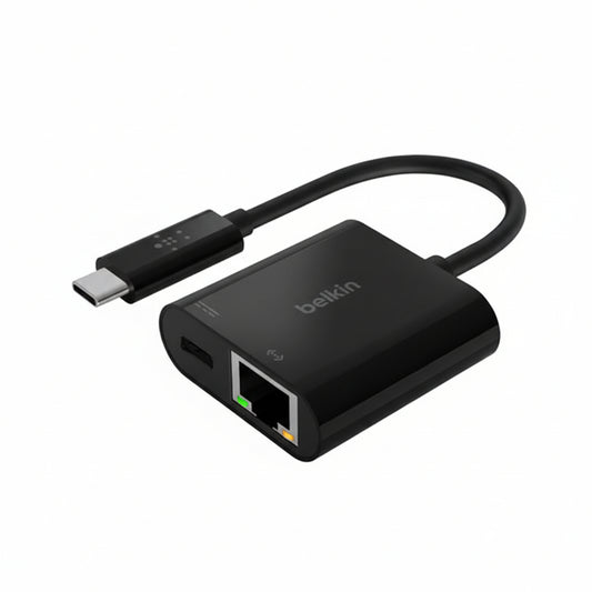 A black Belkin USB-C to Ethernet data adapter with a USB-C connector on one end and an Ethernet port on the other.