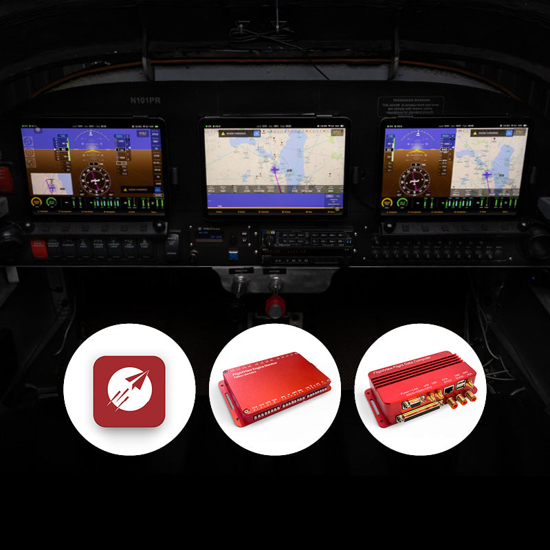 The image shows the FlightView EFIS Core Hardware Kit components installed in a aircraft cockpit. There are three displays providing flight and engine data, and the Falken FDC and EMS hardware pictured below.