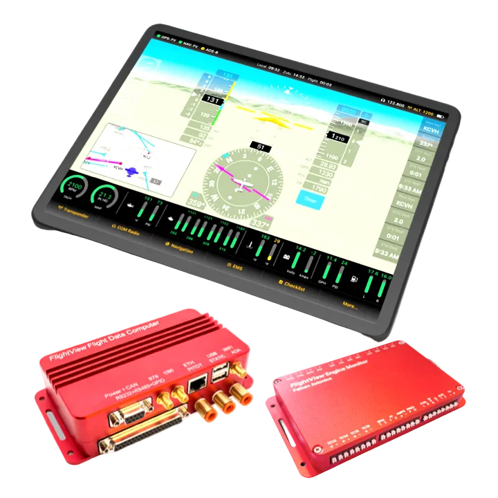 Tablet displaying flight software with two red EFIS component devices on a white background